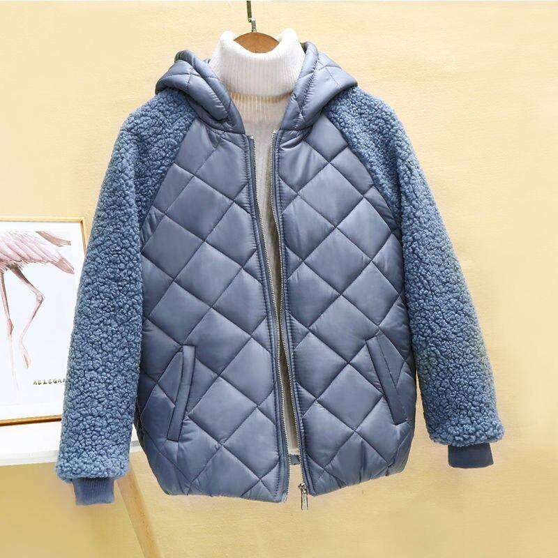 Dünne Licht Unten Baumwolle Jacke Weiblichen Kurzen Mantel Herbst Winter frauen 2021 Mit Kapuze Lose Nachahmung Lamm Wolle Baumwolle Jacke XXL blau von Joom DACH