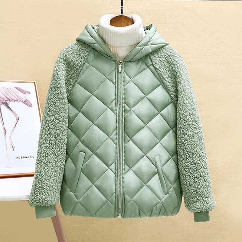 Dünne Licht Unten Baumwolle Jacke Weiblichen Kurzen Mantel Herbst Winter frauen 2021 Mit Kapuze Lose Nachahmung Lamm Wolle Baumwolle Jacke XXXXL grün von Joom DACH