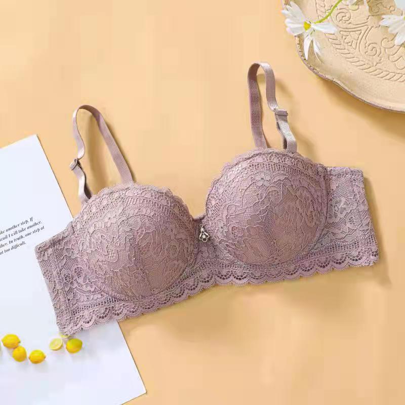 Dünner 1/2-Cup-Spitzen-BH für Damen mit verstellbarer oberer Stütze und geraffter Unterwäsche 38/85B violett von Joom DACH