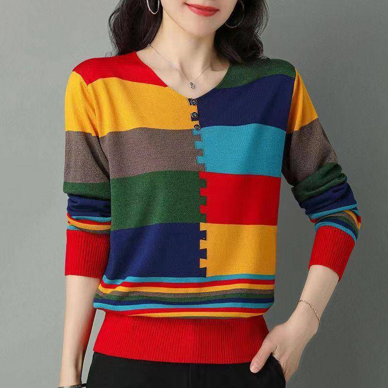 Dünner Damen-Strickpullover mit langen Ärmeln, Colorblock-dünner Pullover mit V-Ausschnitt und lockerem Strickoberteil XL von Joom DACH