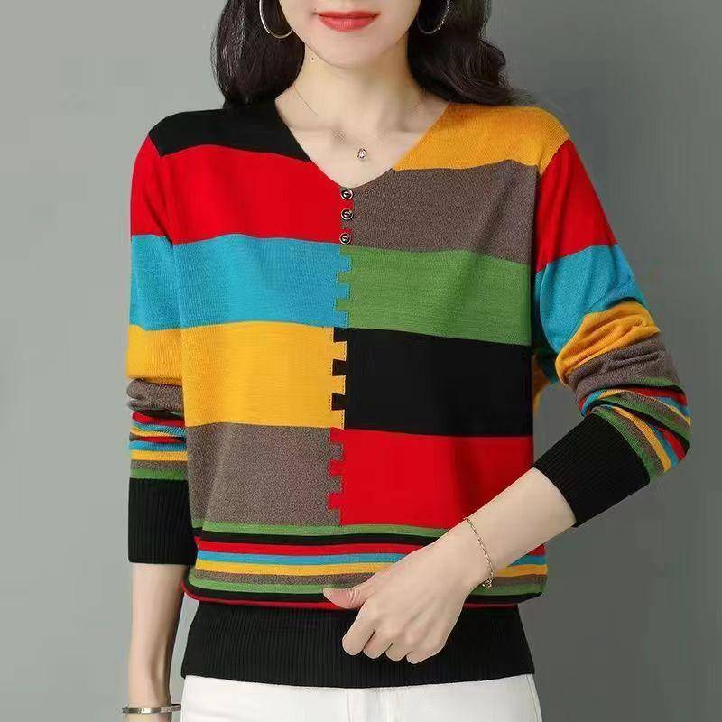 Dünner Damen-Strickpullover mit langen Ärmeln, Colorblock-dünner Pullover mit V-Ausschnitt und lockerem Strickoberteil XXL schwarz von Joom DACH