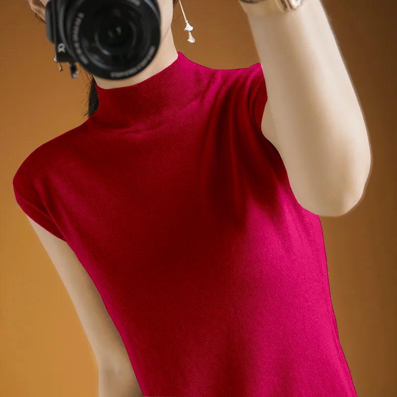 Dünnes Camisole-Top Damen Sommer Halbochgeschlossenes Kurzarm-T-Shirt Damen Gestricktes Lockeres Temperament Ärmelloses Top Damen Basisshirt 3XL rot von Joom DACH