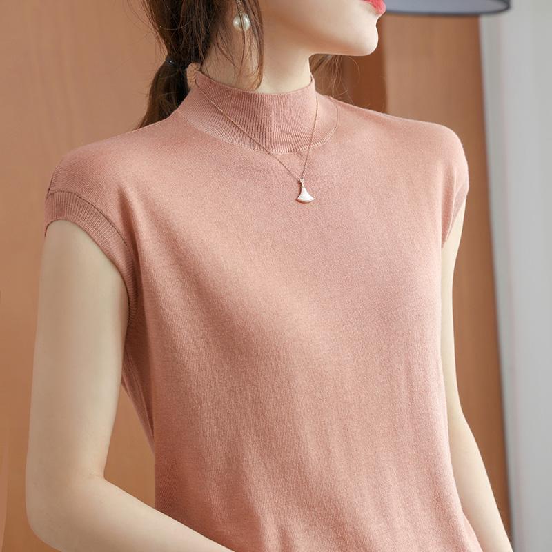 Dünnes Camisole-Top Damen Sommer Halbochgeschlossenes Kurzarm-T-Shirt Damen Gestricktes Lockeres Temperament Ärmelloses Top Damen Basisshirt 3XL von Joom DACH