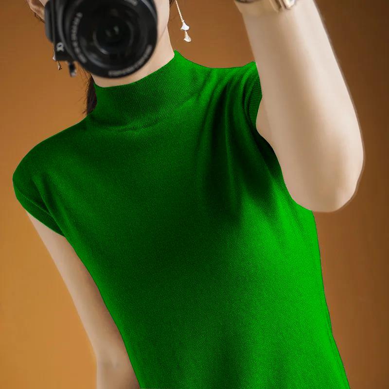 Dünnes Camisole-Top Damen Sommer Halbochgeschlossenes Kurzarm-T-Shirt Damen Gestricktes Lockeres Temperament Ärmelloses Top Damen Basisshirt 3XL von Joom DACH