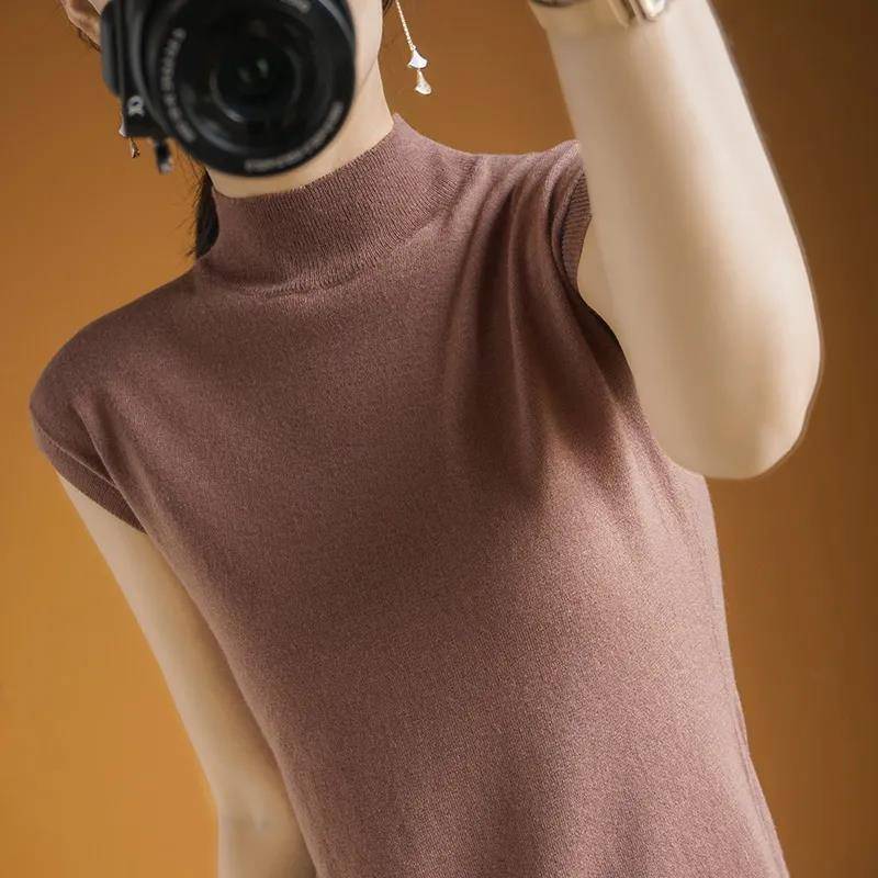 Dünnes Camisole-Top Damen Sommer Halbochgeschlossenes Kurzarm-T-Shirt Damen Gestricktes Lockeres Temperament Ärmelloses Top Damen Basisshirt L ziegelrot von Joom DACH