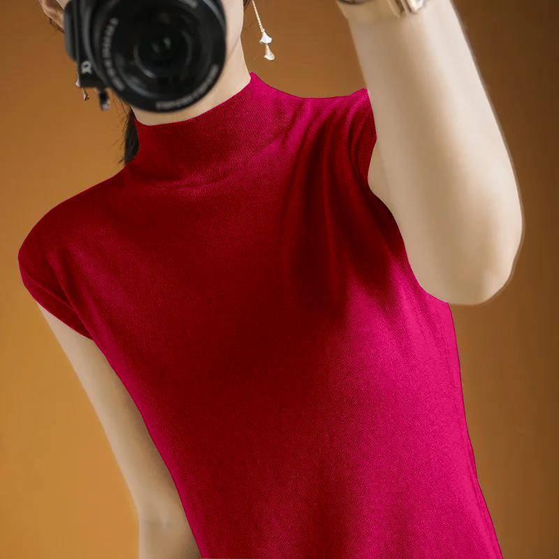 Dünnes Camisole-Top Damen Sommer Halbochgeschlossenes Kurzarm-T-Shirt Damen Gestricktes Lockeres Temperament Ärmelloses Top Damen Basisshirt L rot von Joom DACH