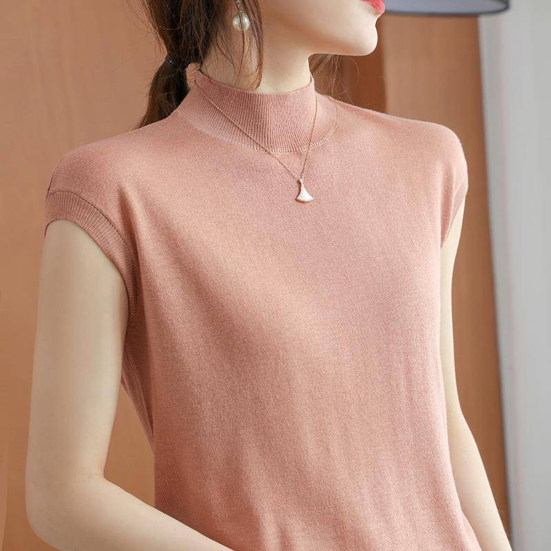 Dünnes Camisole-Top Damen Sommer Halbochgeschlossenes Kurzarm-T-Shirt Damen Gestricktes Lockeres Temperament Ärmelloses Top Damen Basisshirt XL rosa von Joom DACH