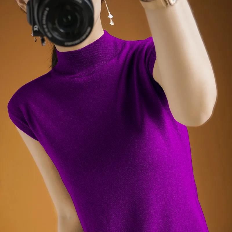 Dünnes Camisole-Top Damen Sommer Halbochgeschlossenes Kurzarm-T-Shirt Damen Gestricktes Lockeres Temperament Ärmelloses Top Damen Basisshirt XL violett von Joom DACH