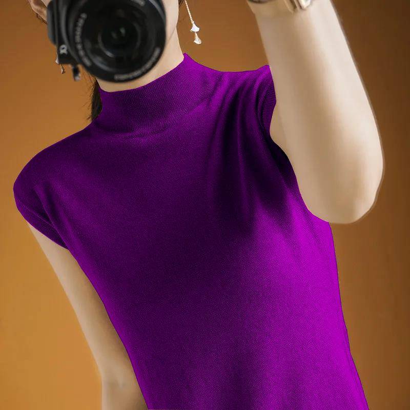 Dünnes Camisole-Top Damen Sommer Halbochgeschlossenes Kurzarm-T-Shirt Damen Gestricktes Lockeres Temperament Ärmelloses Top Damen Basisshirt XL violett von Joom DACH