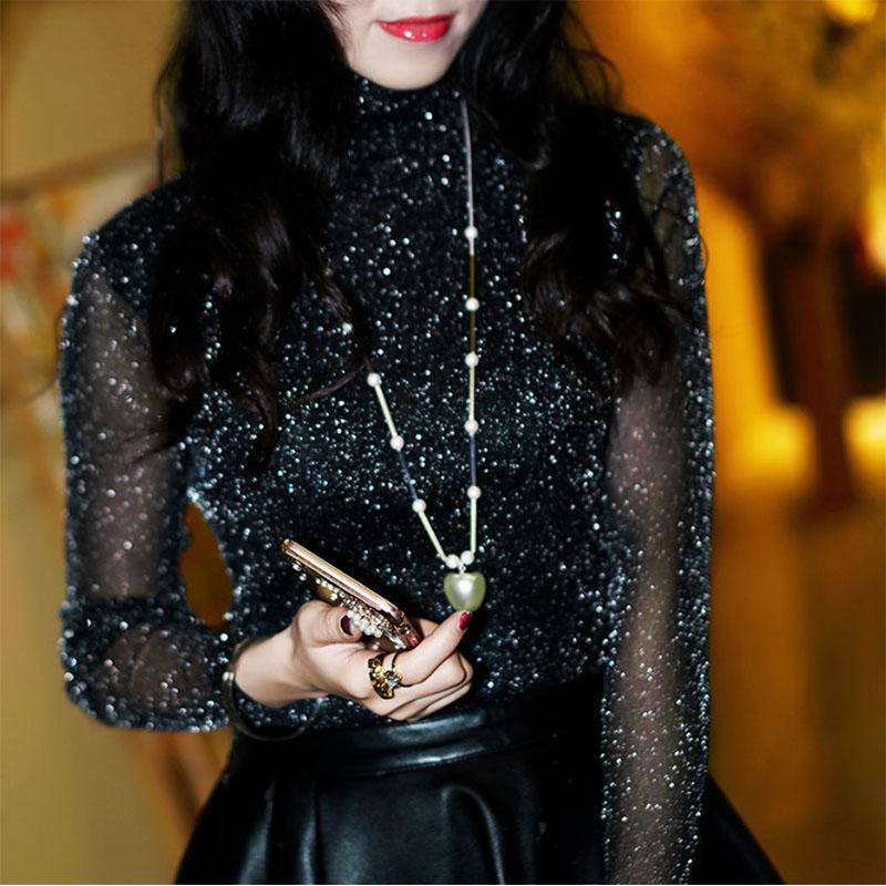 Dünnes Langarm-Spitzenshirt Damen Verdicktes Helles Seidengaze Langarm-T-Shirt mit einem Unterhemd XXXXL von Joom DACH