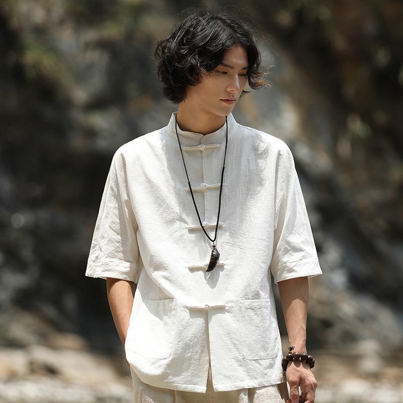 Dulou Tang Herren Retro Chinesischer Stil Leinen Kurzarm Stehkragen Hemd 5XL weiß von Joom DACH