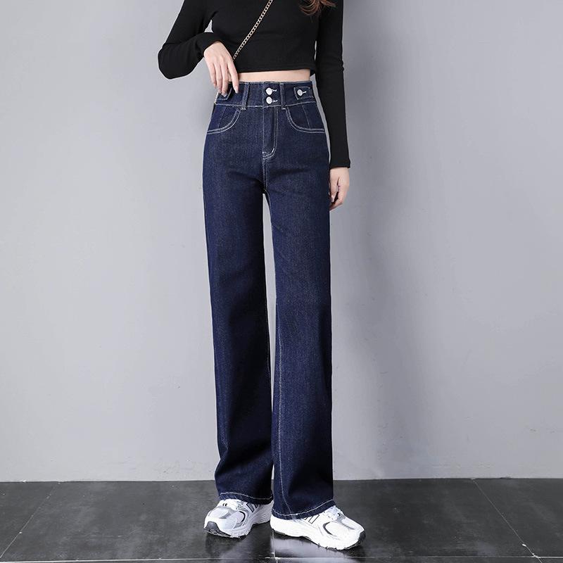 Dunkelblaue High-Waist Straight Slim Jeans für Damen, Neu Frühling und Herbst, Kleine Schmale Version, Weitbeinige Bodenlange Hosen 31 von Joom DACH