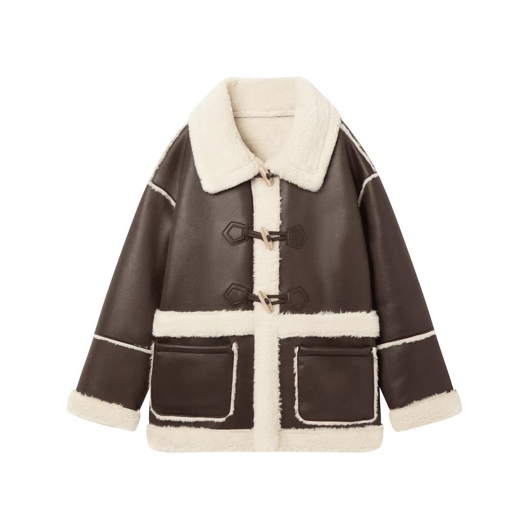 Dunkler Kaffee Süß Cool Pelz Einteiliger Mantel Damen Kurz Winter Neu Verdickt Warm Knebelknopf Lammwolle XL braun von Joom DACH