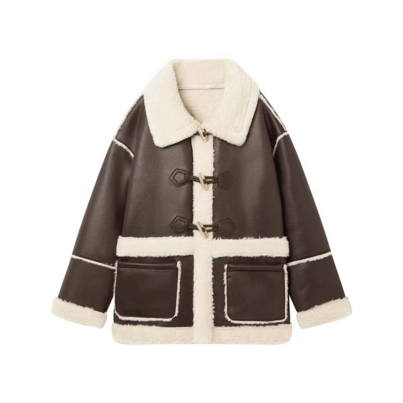 Dunkler Kaffee Süß Cool Pelz Einteiliger Mantel Damen Kurz Winter Neu Verdickt Warm Knebelknopf Lammwolle XL braun von Joom DACH