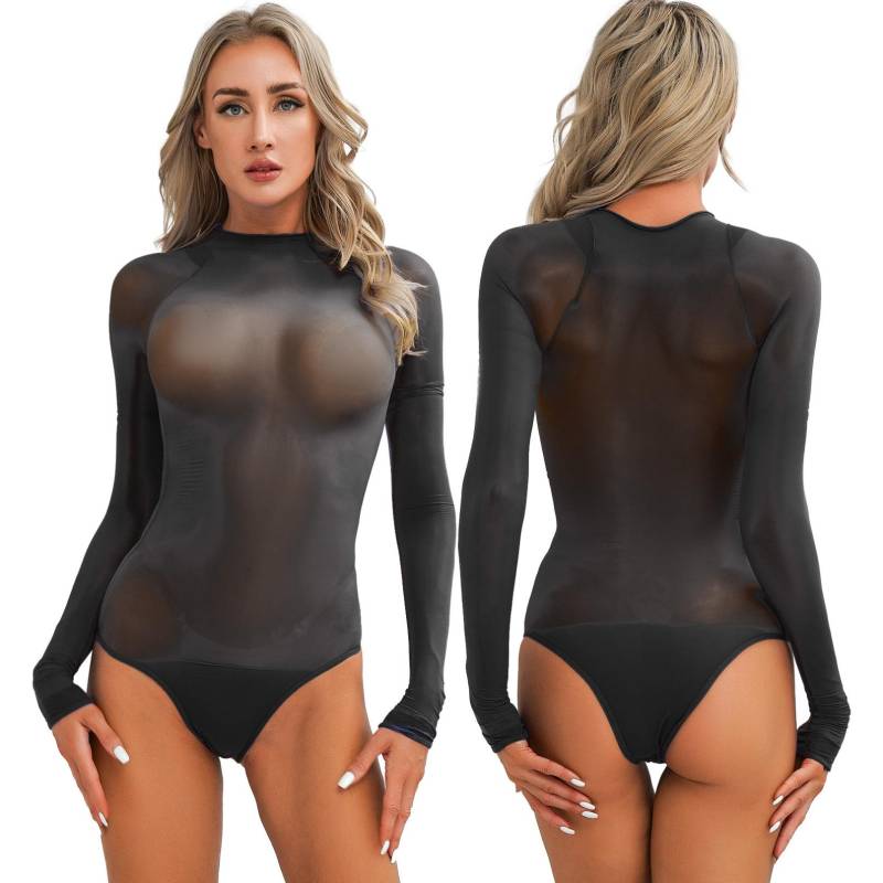 Durchsichtiger Bodysuit aus Netzstoff für Damen mit langen Ärmeln, hochgeschnittener Tanga-Overall und Strampler One Size schwarz von Joom DACH