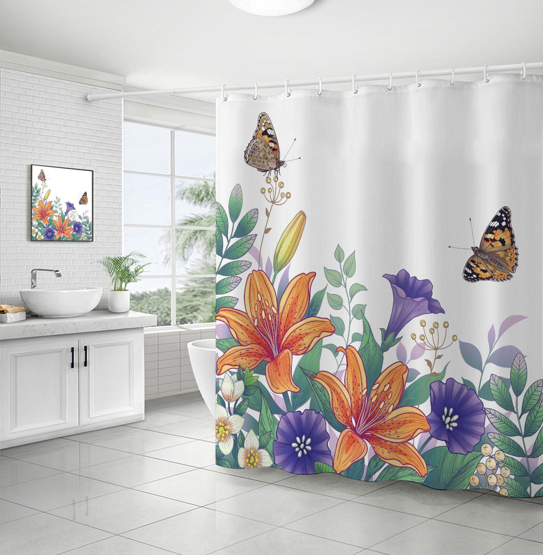 Duschvorhang mit Blumenmuster, 180 x 180 cm, Pflanzen, Badezimmervorhang, wasserdichter Badvorhang aus Polyestergewebe mit 12 Haken, lila Boho-Duschvorhänge 002 von Joom DACH