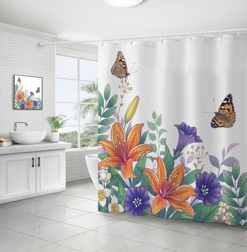 Duschvorhang mit Blumenmuster, 180 x 180 cm, Pflanzen, Badezimmervorhang, wasserdichter Badvorhang aus Polyestergewebe mit 12 Haken, lila Boho-Duschvorhänge 002 von Joom DACH