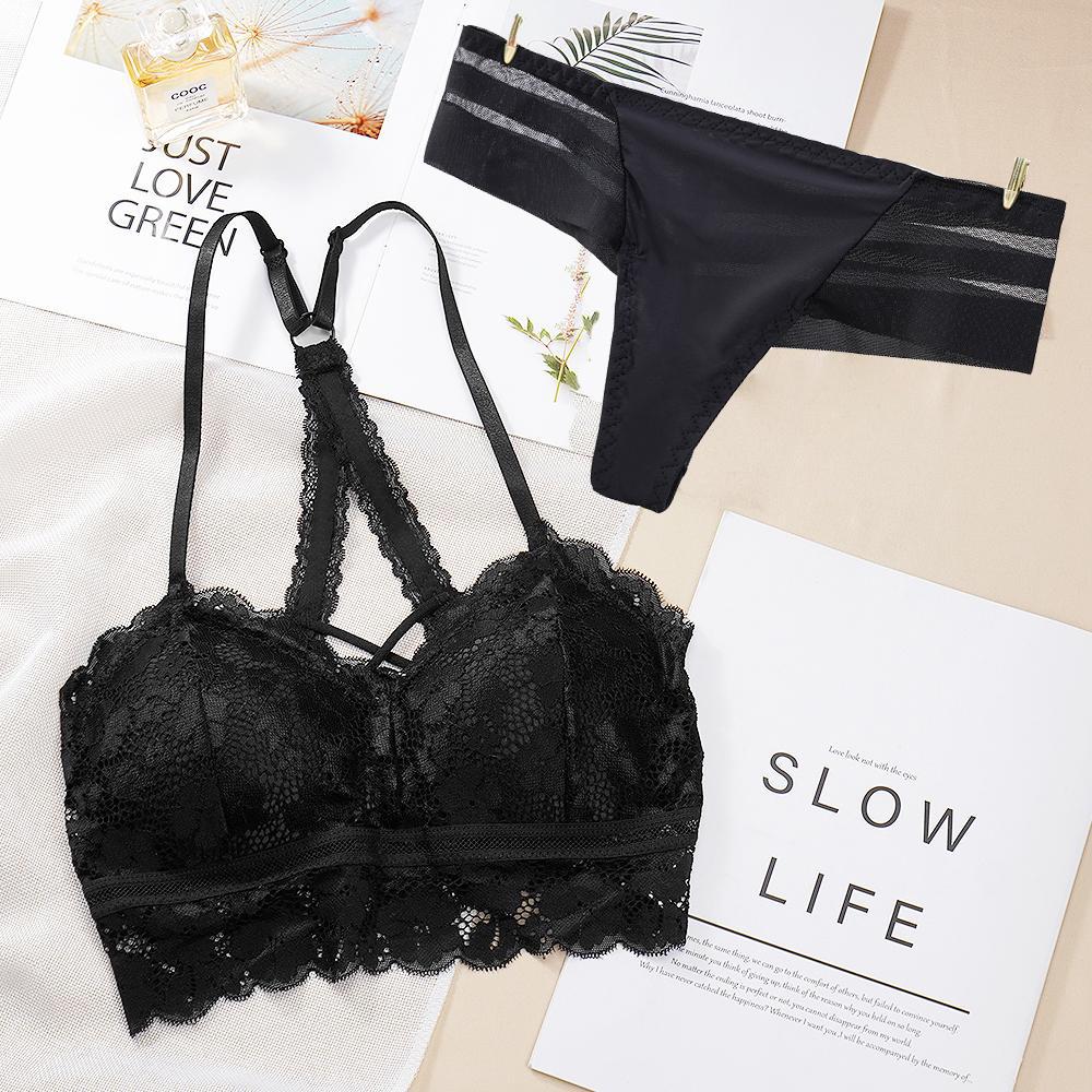 ECMLN Damen-Dessous-Sets aus Spitze, durchscheinend, BH-Oberteile und Shorts, dünne BHs, Höschen mit mittlerer Taille, verführerische Bikini-Sets, Dessous-Pyjamas L/80 schwarz von Joom DACH