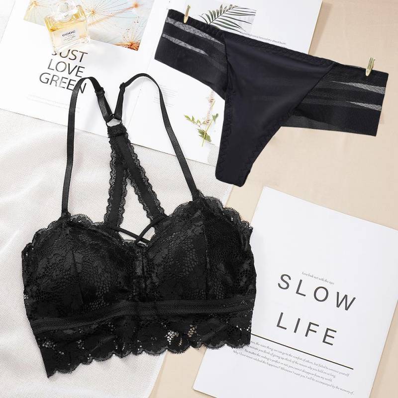 ECMLN Damen-Dessous-Sets aus Spitze, durchscheinend, BH-Oberteile und Shorts, dünne BHs, Höschen mit mittlerer Taille, verführerische Bikini-Sets, Dessous-Pyjamas L/80 schwarz von Joom DACH