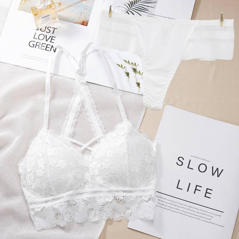 ECMLN Damen-Dessous-Sets aus Spitze, durchscheinend, BH-Oberteile und Shorts, dünne BHs, Höschen mit mittlerer Taille, verführerische Bikini-Sets, Dessous-Pyjamas M/75 weiß von Joom DACH