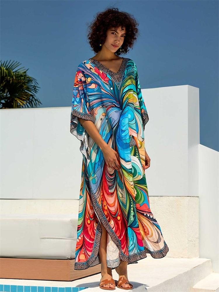 EDOLYNSA 2024 Boho Chic Bedrucktes V-Ausschnitt Fledermausärmel Lockerer Kaftan Sommerurlaub Strandkleid Badeanzug Überwurf Gemütlicher Hausmantel Q1690 One Size bunt von Joom DACH