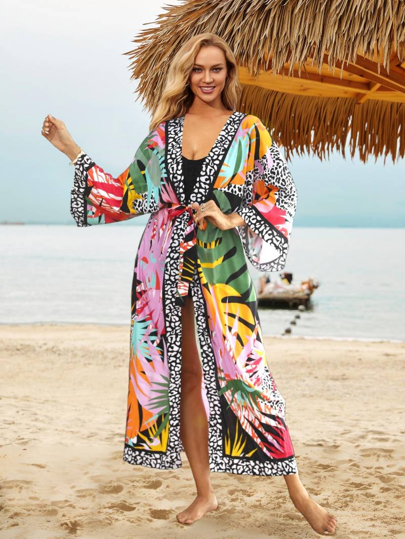 EDOLYNSA 2024 Mehrfarbiger Damen-Bikini-Kimono-Cardigan, Boho-Druck, langer Badeanzug, Überzug, Badebekleidung, Loungewear in Übergröße mit Selbstgürtel-Outfits bunt von Joom DACH