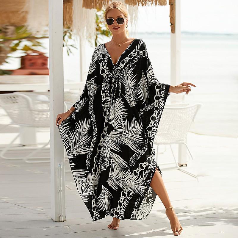 EDOLYNSA Sexy Zebra Gestreiften Bikini Cover-ups Casual V-ausschnitt Side Split Sommer Strand Kleid Frauen Strand Tragen Badeanzug Cover up Q1297 One Size von Joom DACH