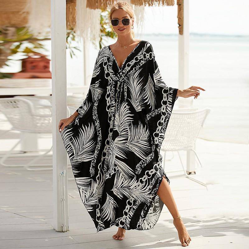 EDOLYNSA Sexy Zebra Gestreiften Bikini Cover-ups Casual V-ausschnitt Side Split Sommer Strand Kleid Frauen Strand Tragen Badeanzug Cover up Q1297 One Size von Joom DACH