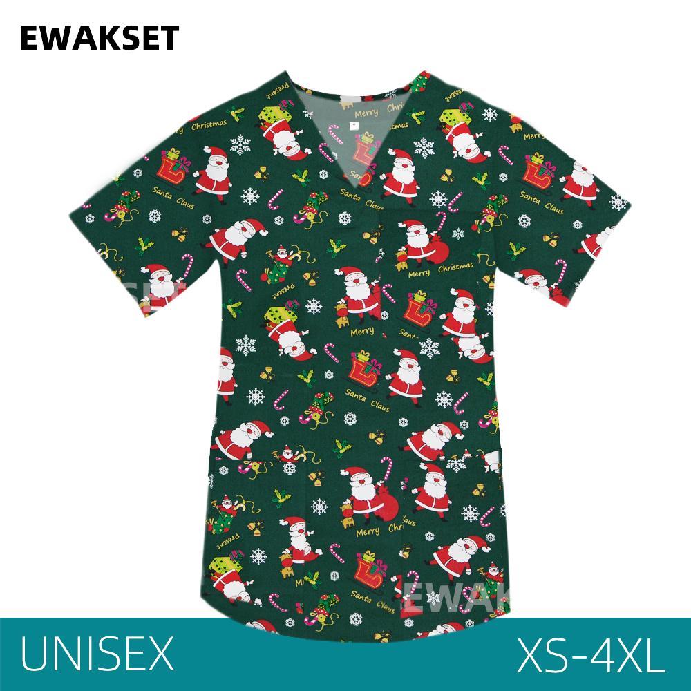 EWAKCOT Weihnachten Bedruckte Scrub Tops Damen Herren Arbeitsbluse Krankenschwester Arzt Krankenpflege Medizinisches Zubehör T-Shirt Unisex 4XL von Joom DACH
