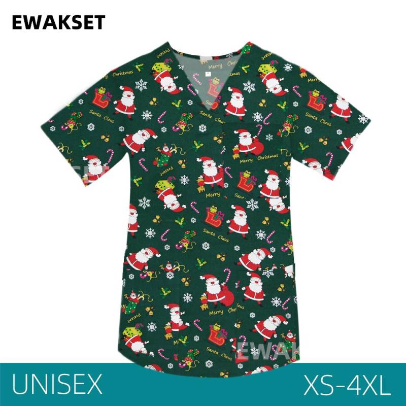 EWAKCOT Weihnachten Bedruckte Scrub Tops Damen Herren Arbeitsbluse Krankenschwester Arzt Krankenpflege Medizinisches Zubehör T-Shirt Unisex 4XL von Joom DACH