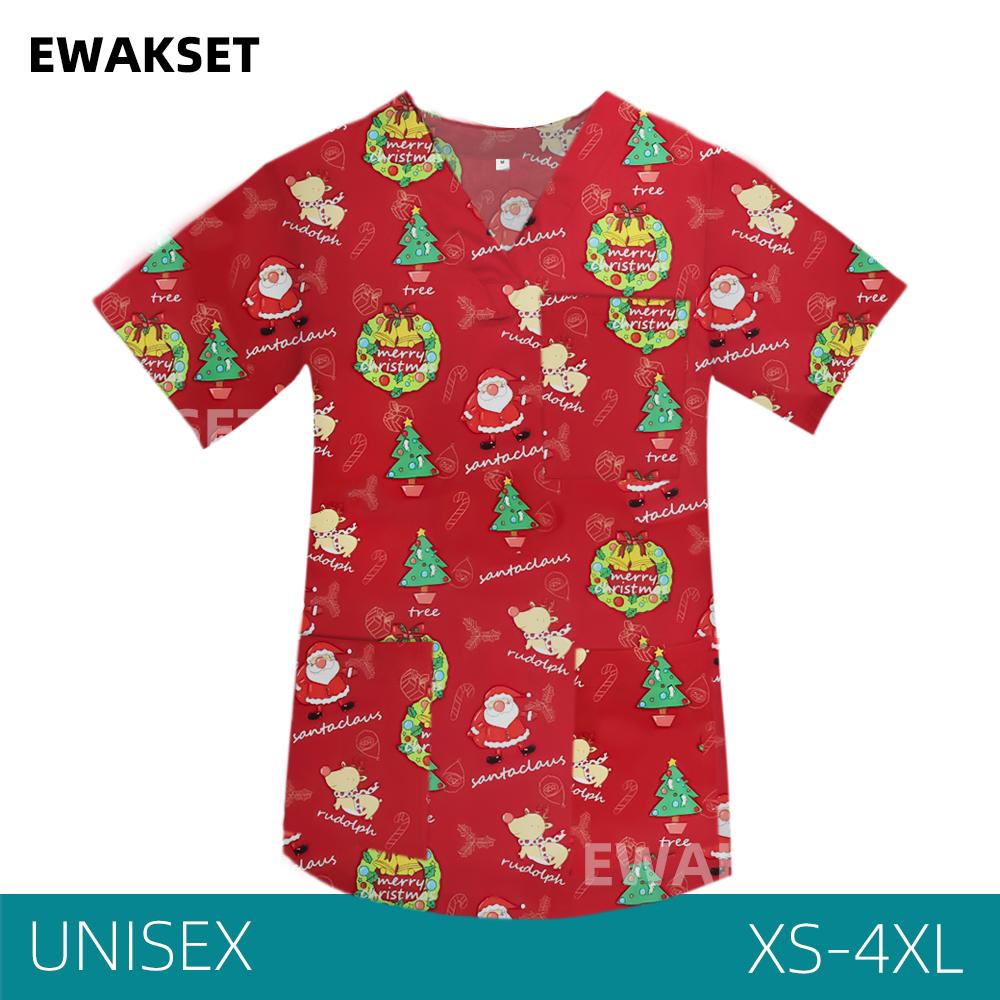 EWAKCOT Weihnachten Bedruckte Scrub Tops Damen Herren Arbeitsbluse Krankenschwester Arzt Krankenpflege Medizinisches Zubehör T-Shirt Unisex XL von Joom DACH