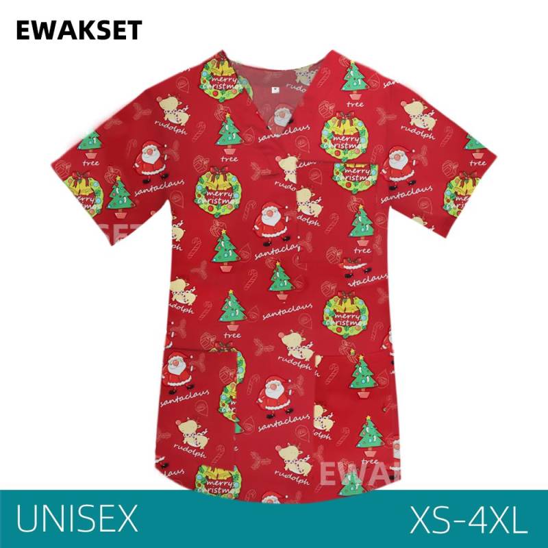 EWAKCOT Weihnachten Bedruckte Scrub Tops Damen Herren Arbeitsbluse Krankenschwester Arzt Krankenpflege Medizinisches Zubehör T-Shirt Unisex XL von Joom DACH