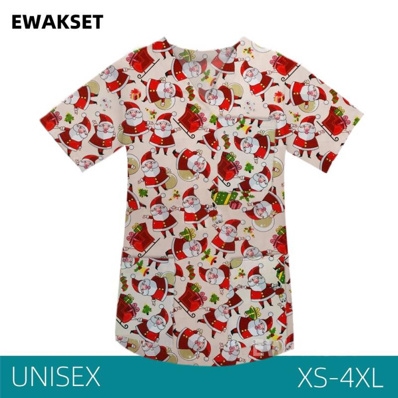 EWAKCOT Weihnachten Bedruckte Scrub Tops Damen Herren Arbeitsbluse Krankenschwester Arzt Krankenpflege Medizinisches Zubehör T-Shirt Unisex XXL von Joom DACH