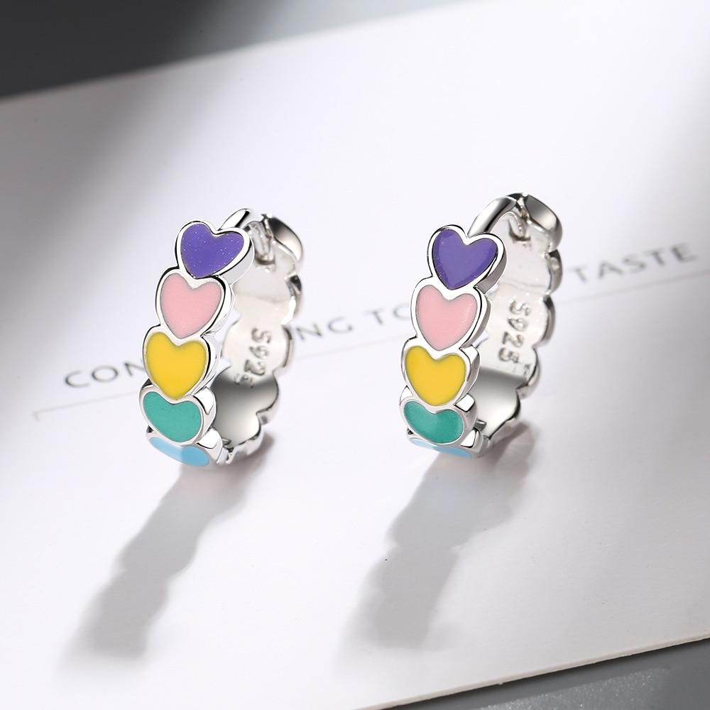 Echte 925 Sterling Silber Ohrringe für Damen Koreanische Regenbogen Herz Emaille Herz Creolen Hochzeitsschmuck Accessoires von Joom DACH