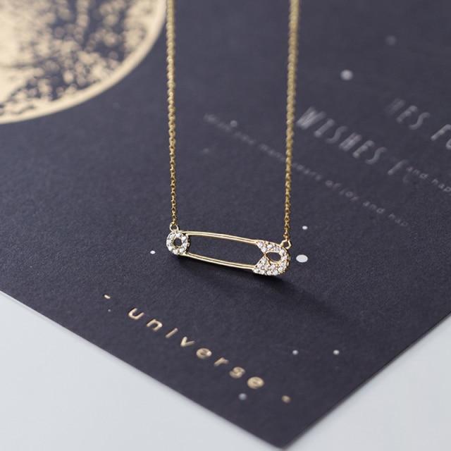 Echte 925 Sterling Silber Sicherheitsnadel Halskette für Frauen Zirkonia Pin Form Halsketten Charms Schmuck gold von Joom DACH