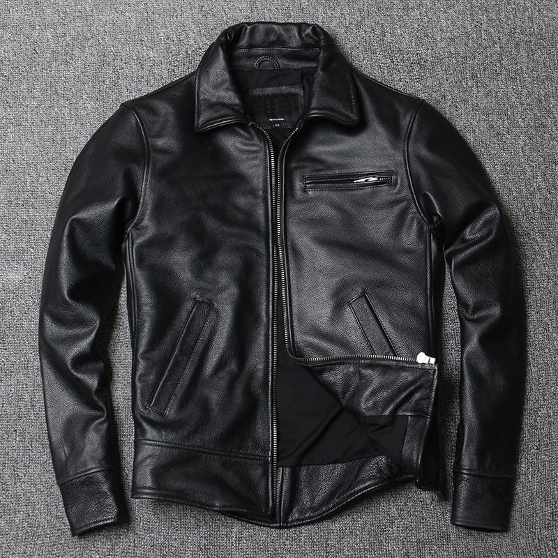 Echte Lederjacke Herren Revers Kurze Slim Fit Lederjacke Erste Schicht Rindslederjacke XL schwarz von Joom DACH