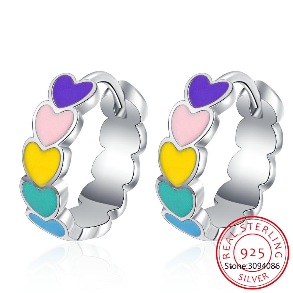 Echte S925 Sterlingsilber Regenbogenfarben Emaille Herz Creolen für Frauen Neue Ohrringe Damen Feinschmuck von Joom DACH