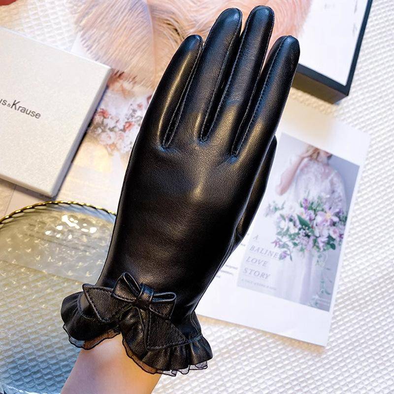 Echte Schaffellhandschuhe Mode Handgelenkspitze Schleife Einfarbig Damen Lederhandschuh S schwarz von Joom DACH