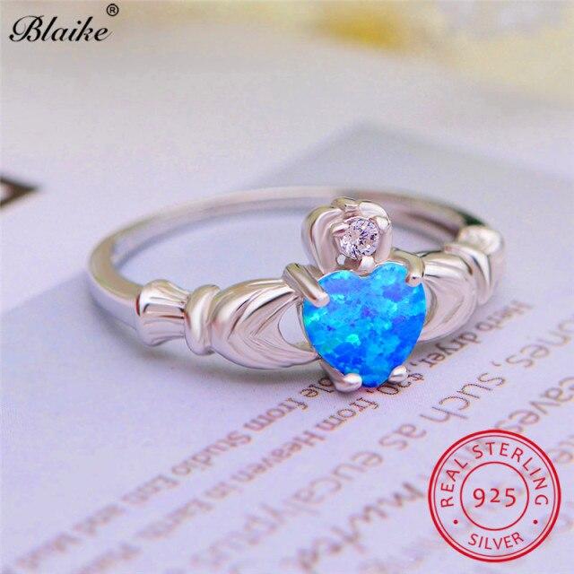 Echter S925 Sterling Silber Claddagh Ring Niedlich Liebe Herz Krone Ringe Für Frauen Eheringe Blau Weiß Feueropal Ring Schmuck Cz 8 von Joom DACH
