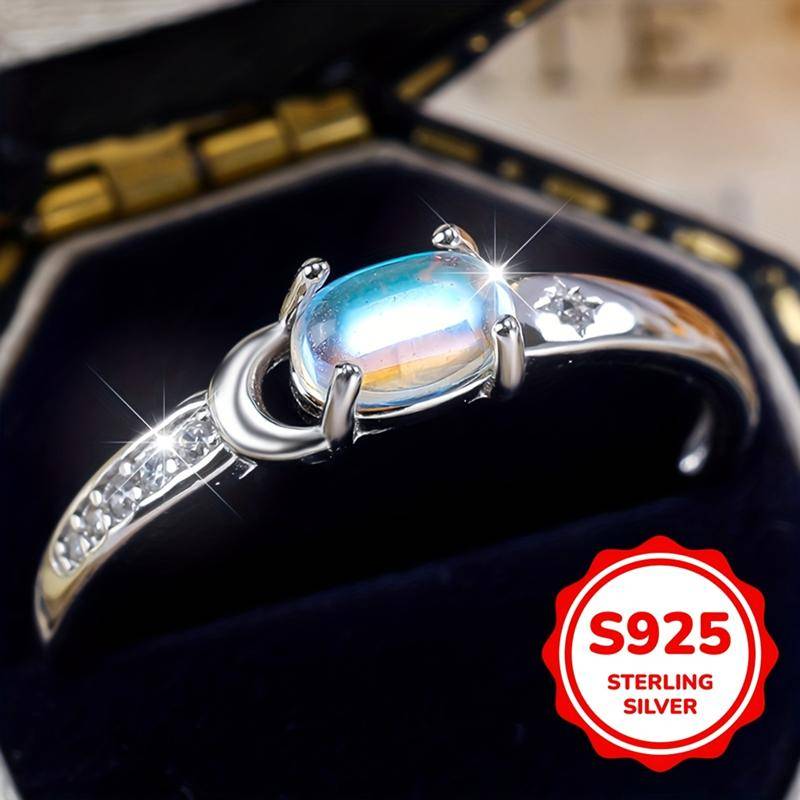 Echter S925 Sterling Silber Mond und Stern Ringe für Frauen Oval Mondstein Ring Braut Ehering Jahrestag Schmuck Geschenk 10 silber von Joom DACH