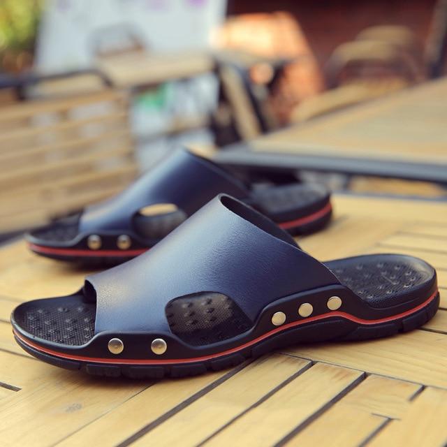 Echtes Kuh Leder Hausschuhe Paar Im Freien Nicht-slip Männer Frauen Home Fashion Casual Einzelnen Schuhe PVC Weiche Sohlen Frühling sommer 40 dunkelblaue von Joom DACH