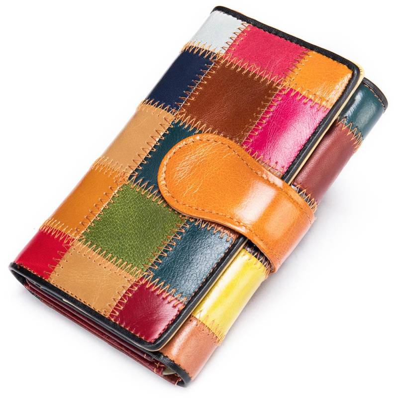 Echtes Leder, elegante handgefertigte Damentasche, kurze Geldbörse, farbenfrohes Spleißen, Münzgeldbörse, Position für mehrere Karten, Kopfschicht aus Rindsleder, Geldklammer von Joom DACH