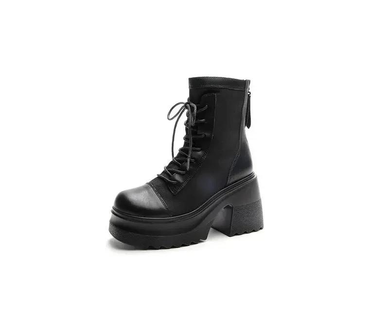 Echtes Leder 10cm Hoher Absatz Kurze Damenstiefel Mode Schnürung Punk Stil Schuhe Neue Herbst Winter Damen Stiefeletten 40 schwarz von Joom DACH