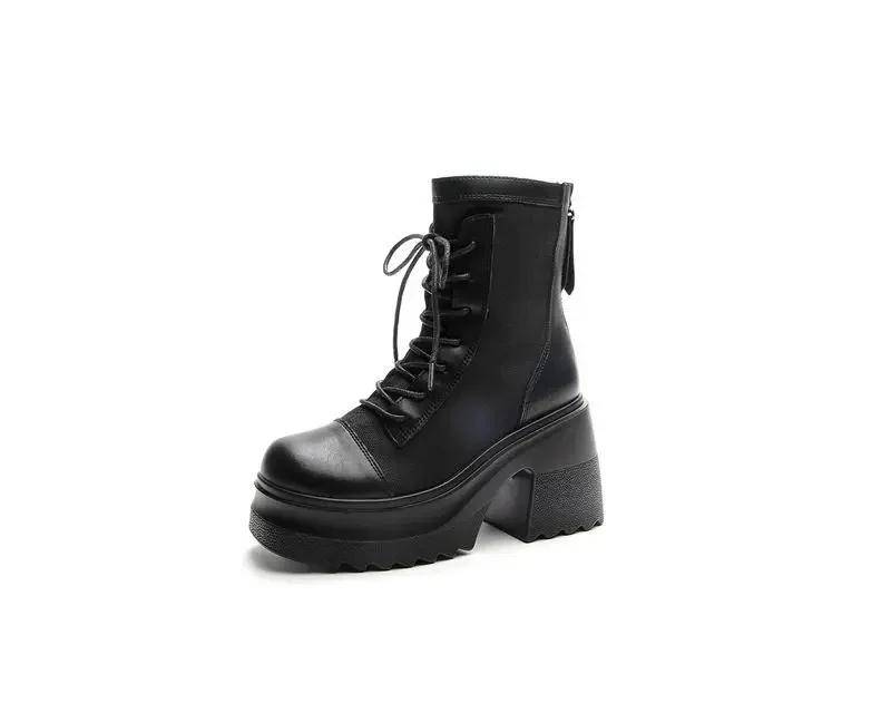 Echtes Leder 10cm Hoher Absatz Kurze Damenstiefel Mode Schnürung Punk Stil Schuhe Neue Herbst Winter Damen Stiefeletten 40 schwarz von Joom DACH