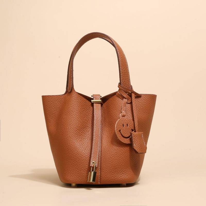 Echtes Leder Damen Gemüse Korb Tasche Tasche Herbst und Winter Litschi Muster Eimer Tasche Handtasche für Frauen goldbraune von Joom DACH