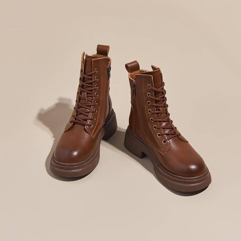 Echtes Leder Damen Herbst und Winter Neu Dicke Sohle Fleecefutter Retro Mid-Calf Länge Damenstiefel Britischer Stil Stiefeletten Damen 41 von Joom DACH