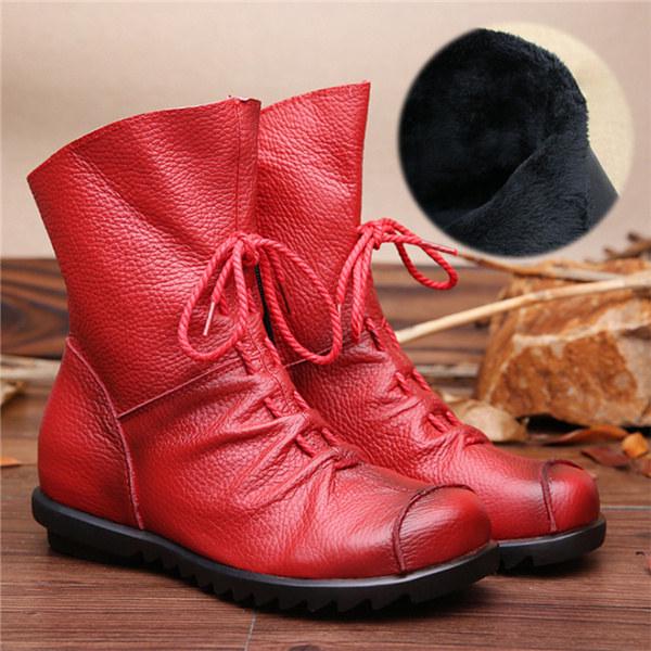 Echtes Leder Damen Stiefel mit Fell Weiches Rindsleder Damen Winterschuhe Stiefeletten 42 rot von Joom DACH