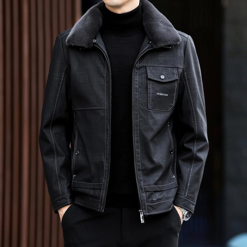 Echtes Leder Daunenjacke Herren kurzes Revers Daddy verdickte Daunenjacke mittleren Alters Schaffell Lederjacke 4XL von Joom DACH