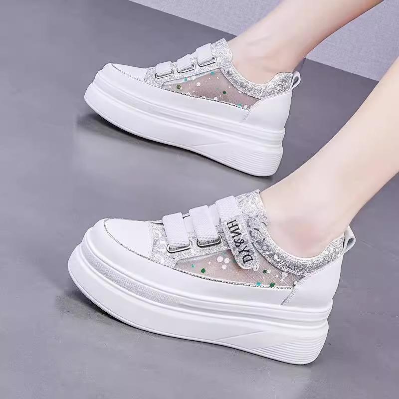 Echtes Leder Elevator Damen Schuhe Sommer Neue Klettverschluss Weiße Schuhe Damen Mesh Atmungsaktiver Casual Sneaker 39 von Joom DACH