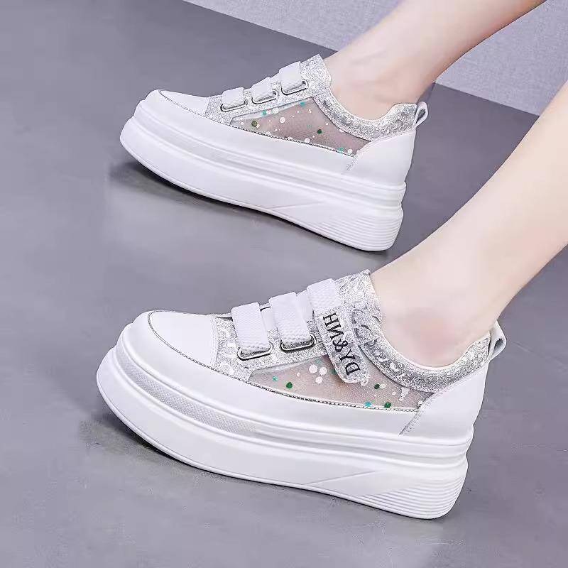 Echtes Leder Elevator Damen Schuhe Sommer Neue Klettverschluss Weiße Schuhe Damen Mesh Atmungsaktiver Casual Sneaker 39 von Joom DACH